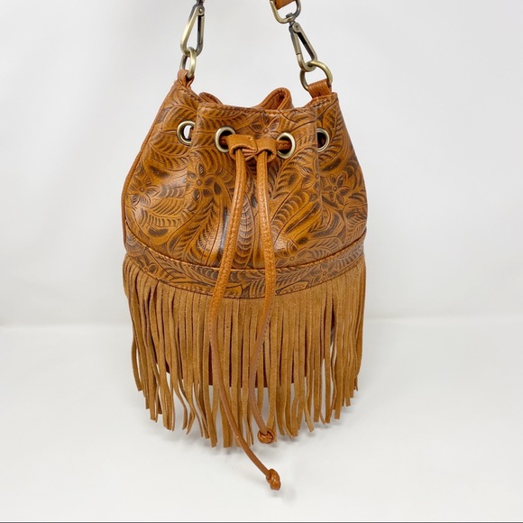 Anthropologie Handbags - Street Level Suede Fringe Boho Bucket Bag Cognac